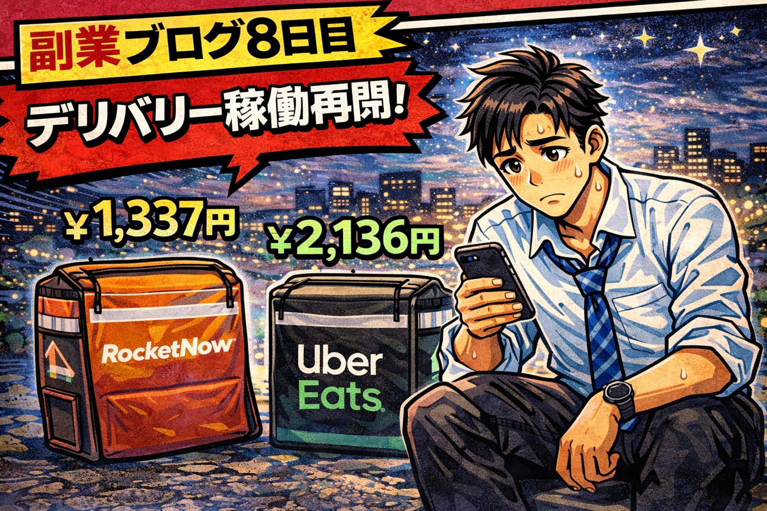 統一前のアイキャッチ。アニメ・劇画風のデザインで、疲れた会社員のキャラクターとデリバリーの収益が大きく描かれている