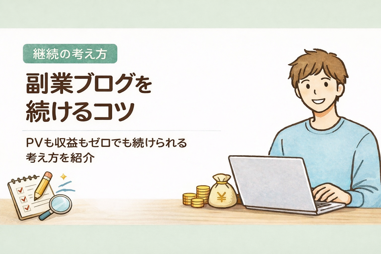 副業ブログを続けるコツの記事のアイキャッチ。同じキャラクターと配色で統一されており、カテゴリーバッジが左上に配置されている
