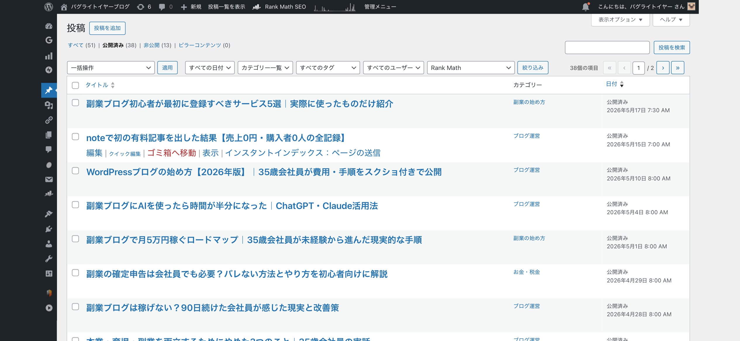 副業ブログ管理画面｜公開済み38記事・サービス5選が最新記事として表示