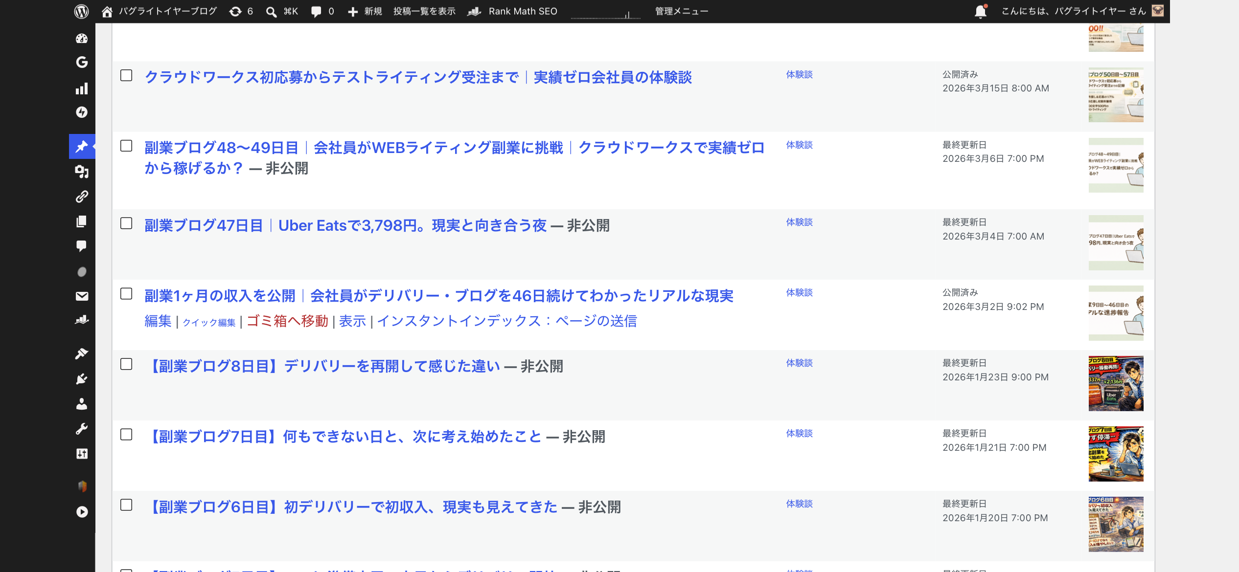 WordPressの記事一覧画面。各記事のアイキャッチが右端に表示されており、同じキャラクターと配色で統一されているのが確認できる