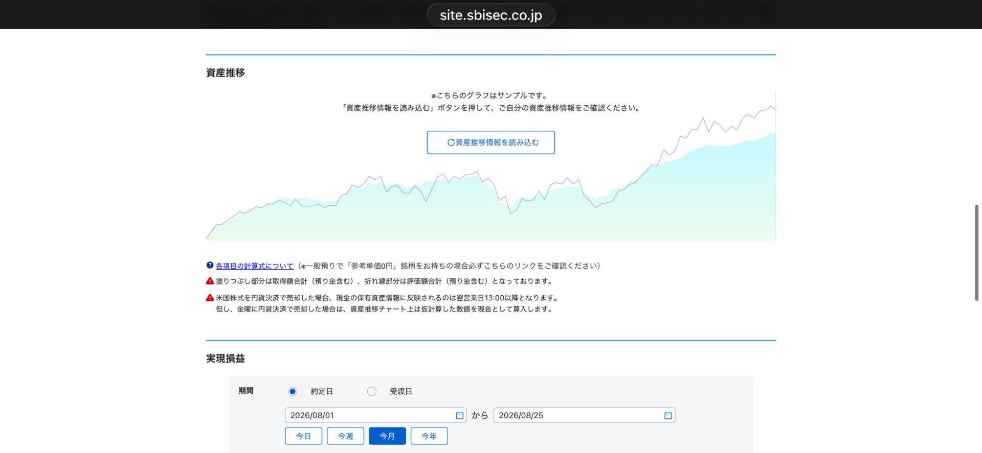 資産推移グラフのサンプル画面